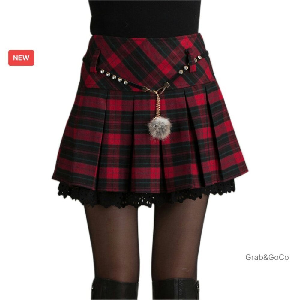 A-Line Plaid Wool Blend Pleated Skirt Side Zipper Chic Classic Elegant